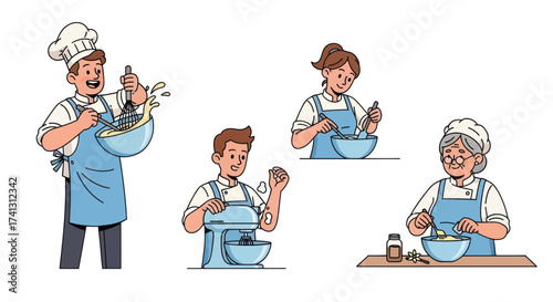 Group of people cooking and mixing ingredients in bowls wearing aprons and chef hats.