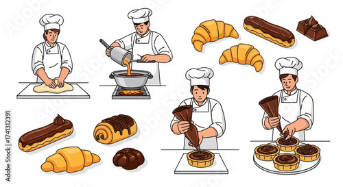 Baker Preparing Pastries and Chocolate Desserts in Kitchen.