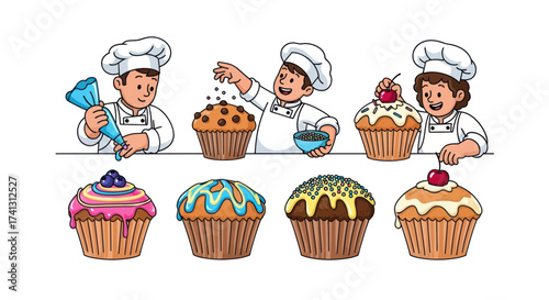Bakers Decorating Delicious Cupcakes with Frosting and Toppings.