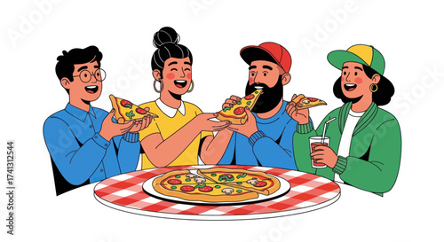 Happy Diverse Friends Enjoying Pizza Meal Illustration.