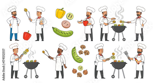 Cartoon Chefs Grilling Barbecue Food and Vegetables Set.