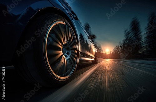 Low angle perspective of a speeding dark car, streaked asphalt, & blurred trees at sunset