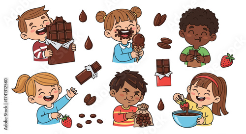 A delightful cartoon collection of diverse children happily eating various chocolate treats and sweets.