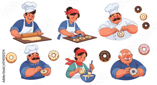 Cartoon Bakers Preparing and Decorating Delicious Doughnuts in Various Stages.