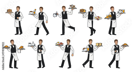 Collection of Waiters Carrying Trays of Food and Drinks Wearing Uniforms.