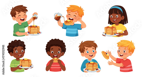 Diverse group of happy children enjoying delicious pancakes with syrup.