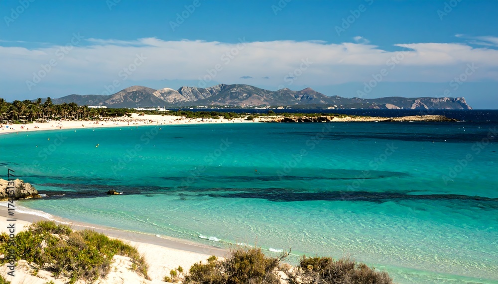 Obraz premium Sunny beach scene with turquoise water and distant mountains