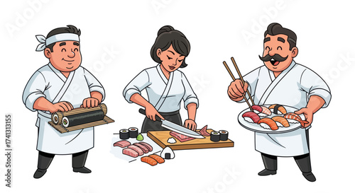 Three Sushi Chefs Preparing and Serving Food with Knives Chopsticks and Rolling Mat.