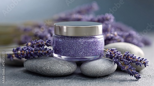Wallpaper Mural luxury purple glitter cream jar on smooth spa stones surrounded by natural lavender flowers high resolution cosmetic product Torontodigital.ca