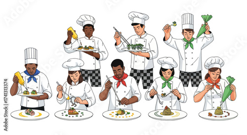 Diverse Group of Chefs Preparing and Plating Food with Precision and Skill in a Professional Kitchen.