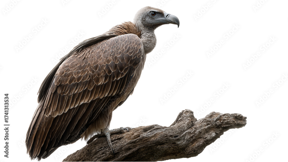 Fototapeta premium Majestic griffon vulture perched on a gnarled branch against a stark black background