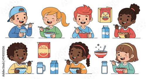 Diverse Group of Children Eating Cereal Breakfast Cartoon Style.