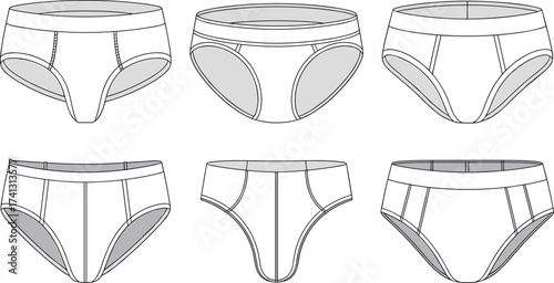 Men’s underwear briefs CAD vector, fashion flat sketch design, apparel template for lingerie, seamless underwear technical drawing illustration