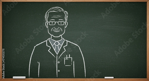 Skeletal drawing of a dentist character on chalkboard, simple illustration, healthcare concept