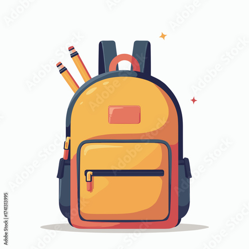 Yellow backpack with pencils and front pocket in flat design  