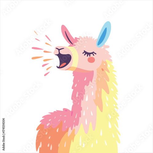 Joyful llama, cartoon style, with vibrant colors and wide-open mouth, seemingly singing or expressing excitement