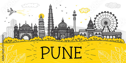 Pune Skyline Illustration: Vibrant Cultural Landmarks & Historical Monuments in Ultra-Detail