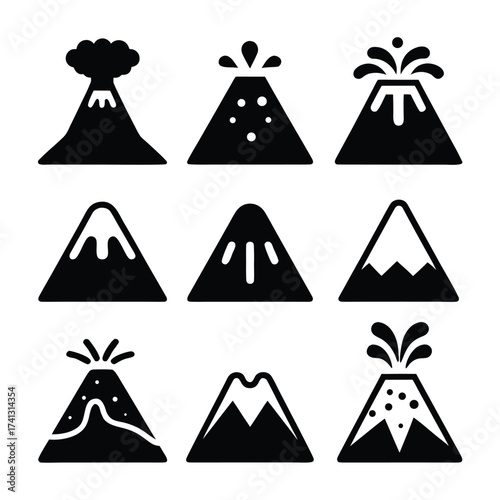 Collection of nine black volcano icons with different eruption styles and mountain features lava smoke