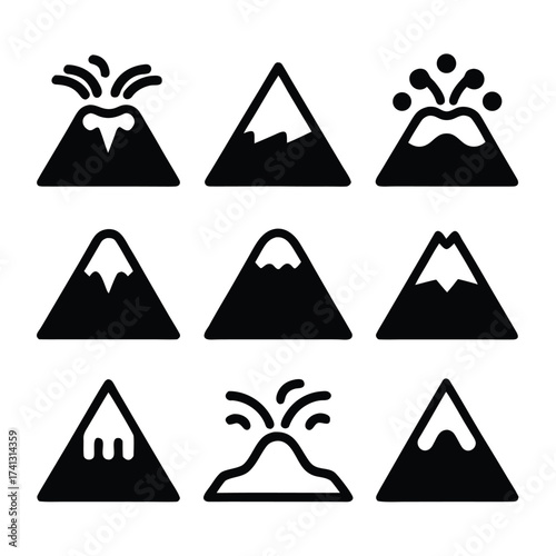 Collection of nine black and white simplified volcano icons mountain eruption