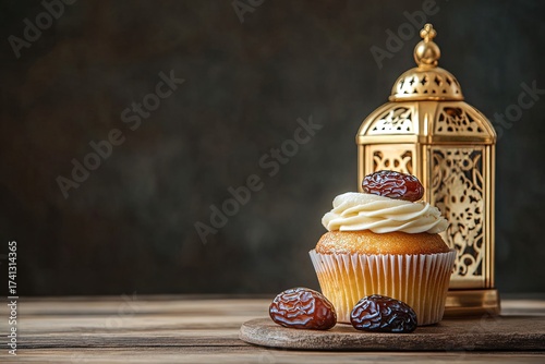 Cupcake with date and golden lantern on wooden board against dark background