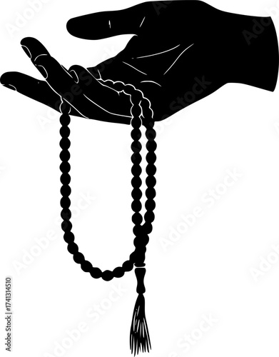 Black Vector Silhouette: Hand with Tasbih (Prayer Beads)	A black vector silhouette of a human hand gently holding a string of Tasbih (prayer beads). Conveys remembrance of God (Dhikr), devotion, and m