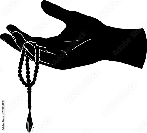 Black Vector Silhouette: Hand with Tasbih (Prayer Beads)	A black vector silhouette of a human hand gently holding a string of Tasbih (prayer beads). Conveys remembrance of God (Dhikr), devotion, and m