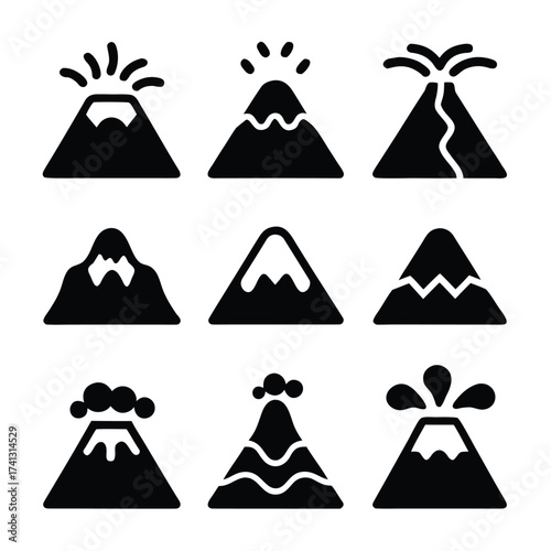 Nine black volcano icons with various eruptions and snow caps mountain lava