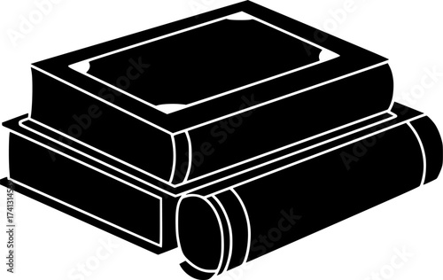 Black Vector Silhouette: Stack of Islamic Books/Scrolls	A simple black vector silhouette of a neat stack of three or four books or scrolls, implying religious texts or scholarly works within Islamic t