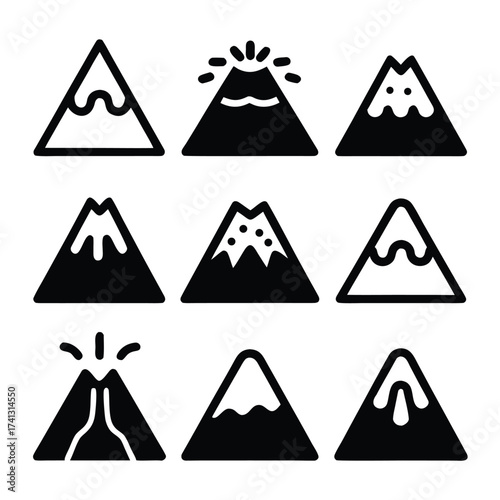 Nine black and white simple icon illustrations of volcanoes and mountains eruption lava