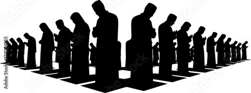 Black Vector Silhouette: Group of People Praying in Mosque	A dynamic black vector silhouette depicting a group of several figures (gender-neutral or mixed) standing in rows, engaged in congregational 