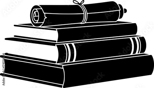 Black Vector Silhouette: Stack of Islamic Books/Scrolls	A simple black vector silhouette of a neat stack of three or four books or scrolls, implying religious texts or scholarly works within Islamic t