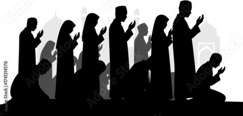 Black Vector Silhouette: Group of People Praying in Mosque	A dynamic black vector silhouette depicting a group of several figures (gender-neutral or mixed) standing in rows, engaged in congregational 