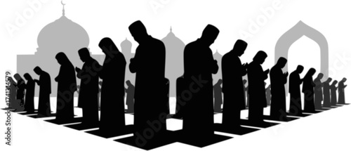 Black Vector Silhouette: Group of People Praying in Mosque	A dynamic black vector silhouette depicting a group of several figures (gender-neutral or mixed) standing in rows, engaged in congregational 