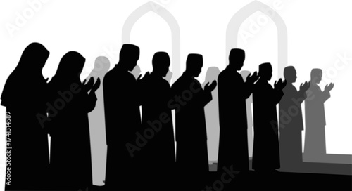 Black Vector Silhouette: Group of People Praying in Mosque	A dynamic black vector silhouette depicting a group of several figures (gender-neutral or mixed) standing in rows, engaged in congregational 