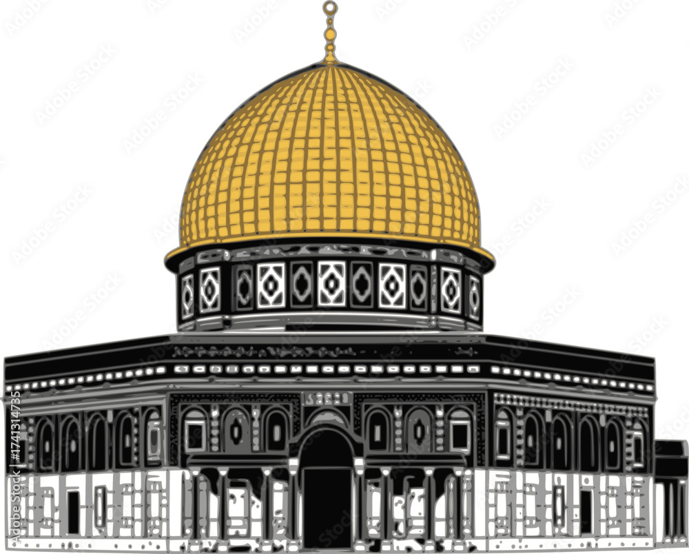 Obraz premium Black Vector Silhouette: The Dome of the Rock (Jerusalem) A recognizable black vector silhouette of The Dome of the Rock in Jerusalem, featuring its prominent dome and distinctive architectural style.