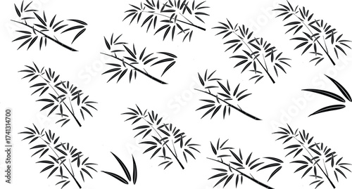 A versatile set of isolated black bamboo branch and leaf illustrations. Vector graphic elements for creating serene Asian-inspired patterns and nature designs