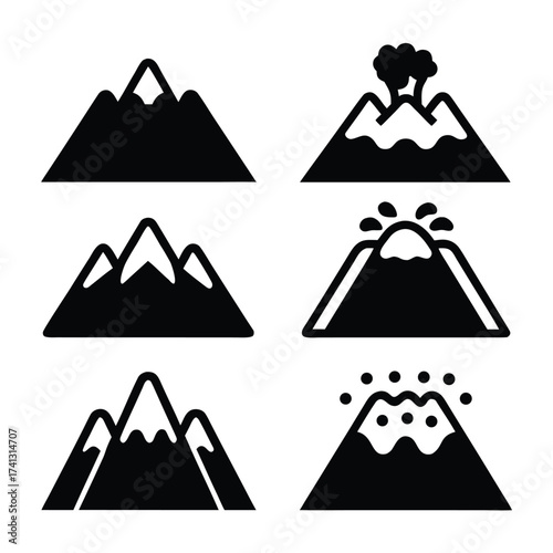 Six black silhouette icons of mountains and volcanoes on white background vector