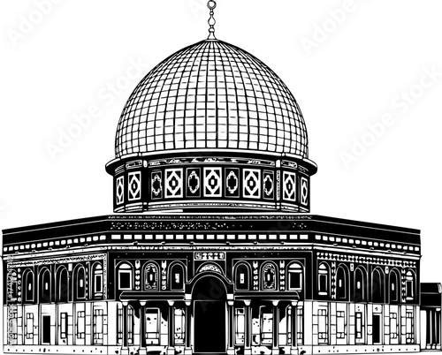 Black Vector Silhouette: The Dome of the Rock (Jerusalem)	A recognizable black vector silhouette of The Dome of the Rock in Jerusalem, featuring its prominent dome and distinctive architectural style.