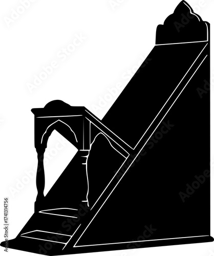 	Black Vector Silhouette: Minbar (Mosque Pulpit)	A detailed black vector silhouette of a Minbar (pulpit) found in a mosque, featuring its characteristic steps and a small platform. Represents sermons,