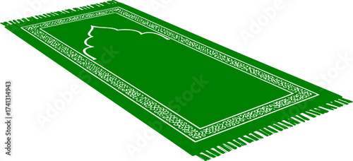 Black Vector Silhouette: Prayer Rug (Sajjadah)with Arch Motif. A black vector silhouette of a traditional prayer rug (Sajjadah) laid flat, featuring a stylized arch motif or Mihrab design at one end. 