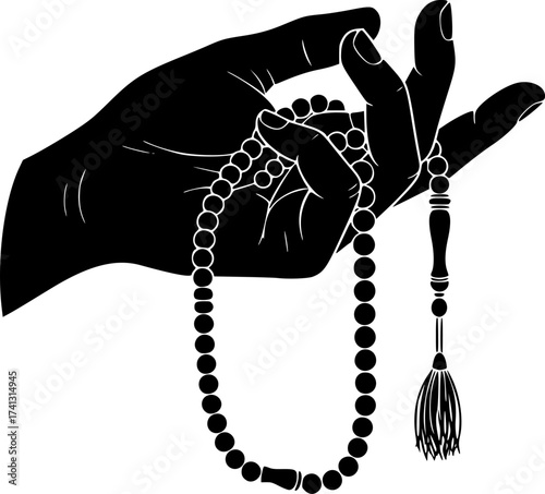 Black Vector Silhouette: Hand with Tasbih (Prayer Beads)	A black vector silhouette of a human hand gently holding a string of Tasbih (prayer beads). Conveys remembrance of God (Dhikr), devotion, and m