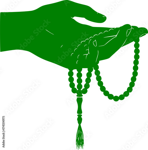 Black Vector Silhouette: Hand with Tasbih (Prayer Beads)	A black vector silhouette of a human hand gently holding a string of Tasbih (prayer beads). Conveys remembrance of God (Dhikr), devotion, and m