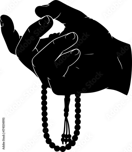 Black Vector Silhouette: Hand with Tasbih (Prayer Beads)	A black vector silhouette of a human hand gently holding a string of Tasbih (prayer beads). Conveys remembrance of God (Dhikr), devotion, and m