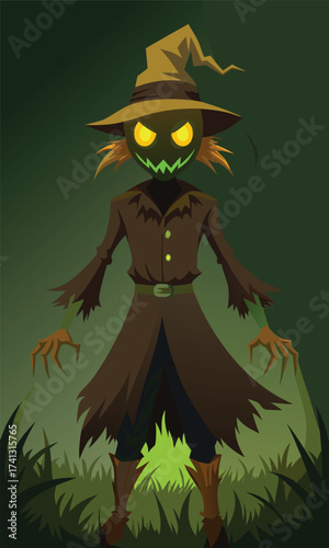 possessed scarecrow with glowing eyes.