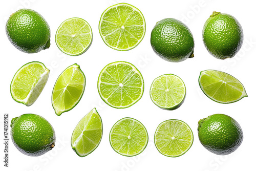 Fototapeta Naklejka Na Ścianę i Meble -  Green citrus fruits sliced and whole isolated on a transparent background