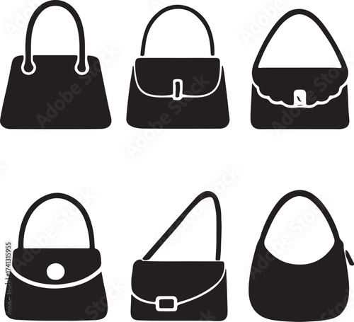 PrintCollection of six distinct black handbag silhouettes on a white background