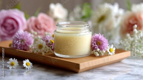 Wallpaper Mural natural homemade hand balm or cream jar display with fresh pink and white flowers Torontodigital.ca