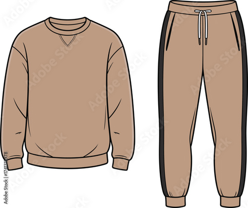 Men’s sweatshirt and joggers CAD flat sketch, tracksuit vector template, casual loungewear fashion design, technical clothing illustration