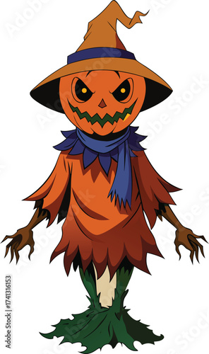 pumpkin headed scarecrow in tattered robes.