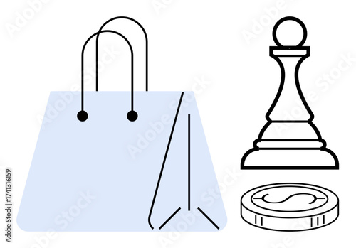 Shopping bag, pawn chess piece, and coin symbolizing strategy, wealth, and commerce. Ideal for retail, e-commerce, competition planning branding financial success and consumer behavior. Simple